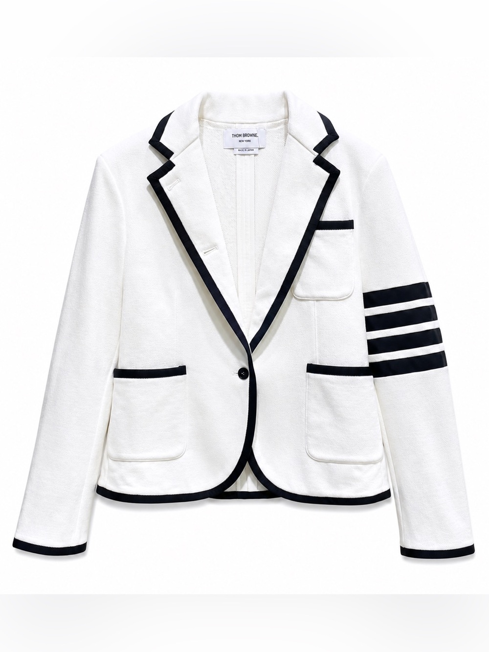 Thom Browne White Blazer with Black Piping and Four-Bar Sleeve